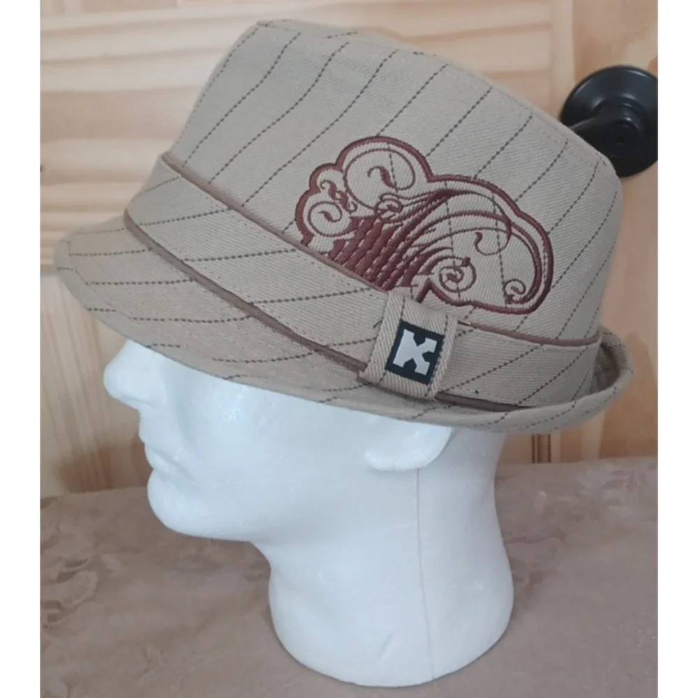 Kenny K. Beige Brim Embroidered Lined Fedora Hat 100% Cotton XL